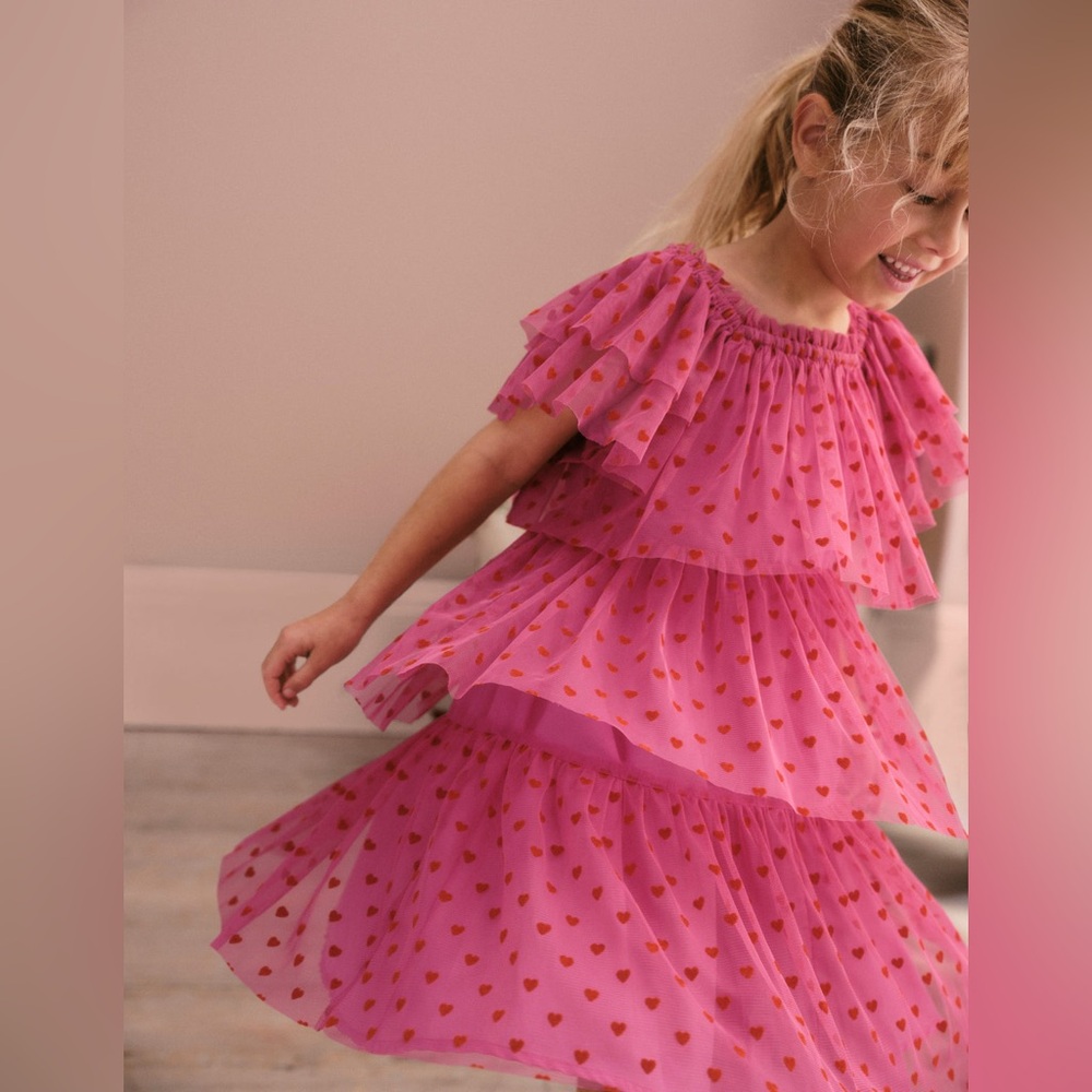 Mini Boden Strawberry Pink Hearts  Tiered Tulle Dress